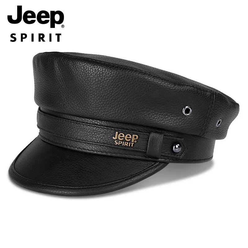 Jeep Unisex Cowhide Leather Cap Captain's Cap Flat Top Military Golf Cap Baseball Trucker Hat, Best Gift 96CA0671 ALM1