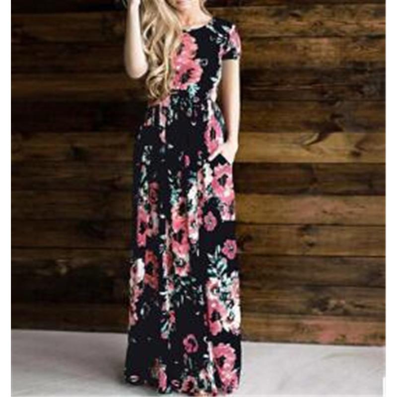 

GMXIA Жіноча мода літо весна повсякденні сукні з квітковим принтом з коротким рукавом і круглим вирізом XXXL чорний