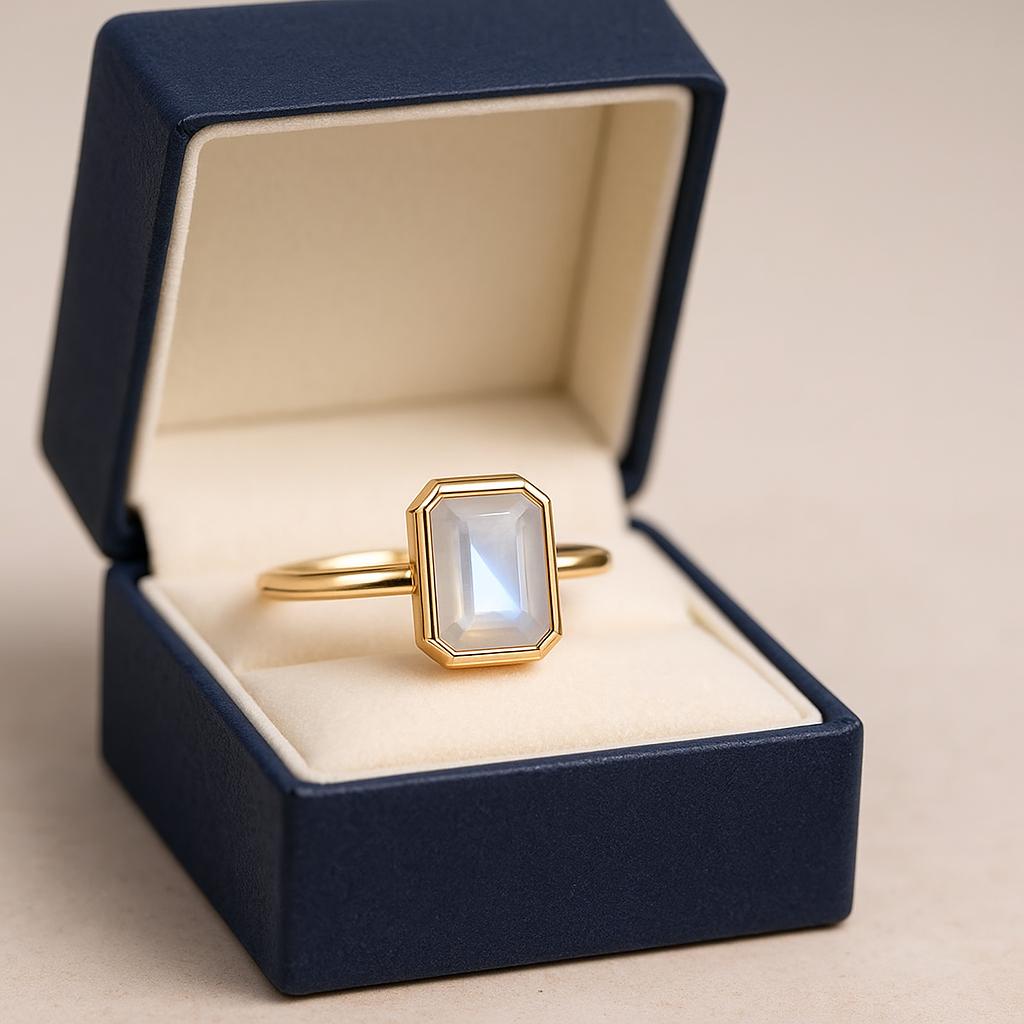 White Moonstone Emerald Cut Gold Plated Ring for Women – Elegant Minimal Jewelry