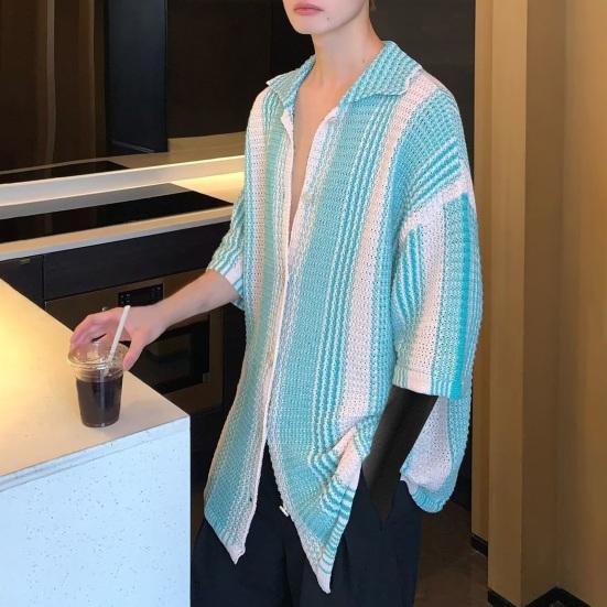 Summer Men Shirt Knitted Color Matching Lapel Elastic Japanese Style Single-breasted Short Sleeves Retro Antu-shrink Casual Vacation Beach Top