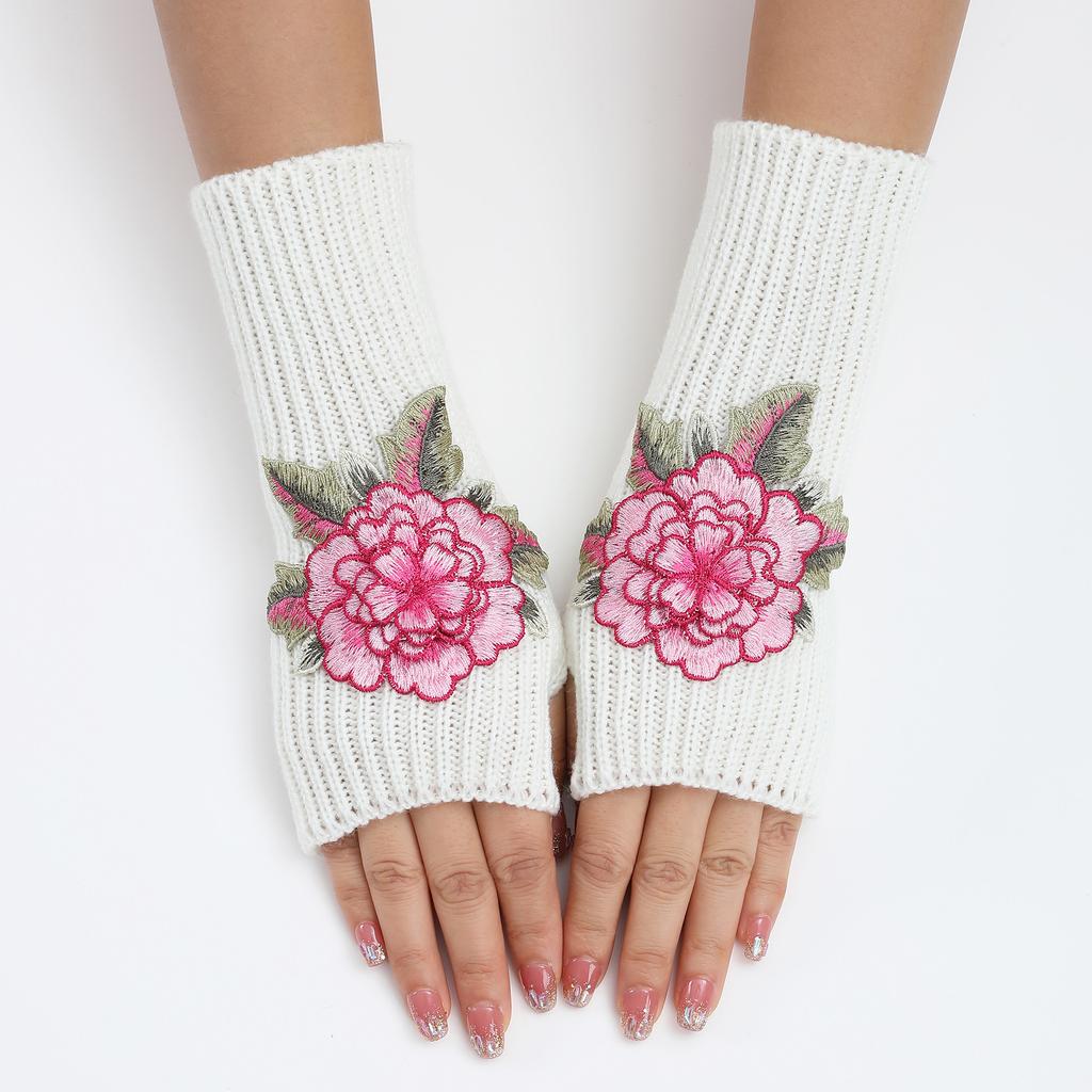New Autumn and Winter Women's Knitted Woolen Sleeve Sleeves Half Finger Exposed Gloves Fashionable and Warm Short Wrist Guards Flower Gloves