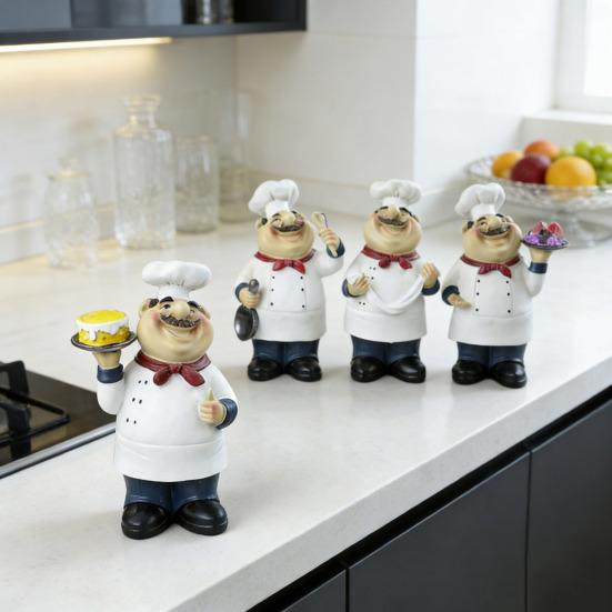 Yousheng Cartoon Chef Figurine Hand-Painted Holding Fruit Plate Cake Noodles Spoon Chef Statue Sculpture Home Kitchen Dining Room Decoration Ornament