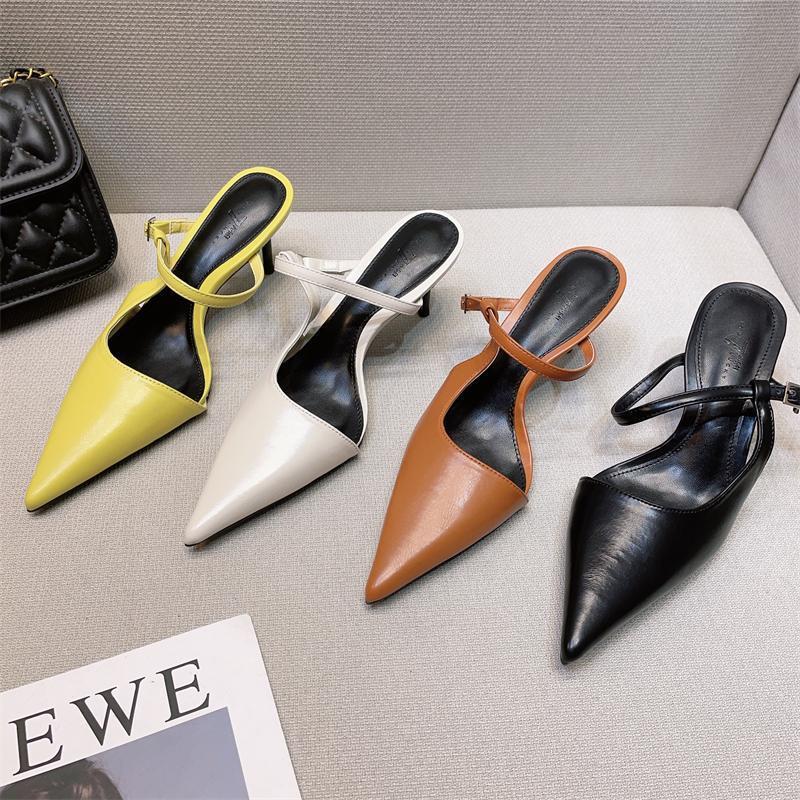 2025 Spring New French High Heels Women's Design Sense Niche Temperament Muse Fan Thin Heel Pointed Head Bag Head Sandals