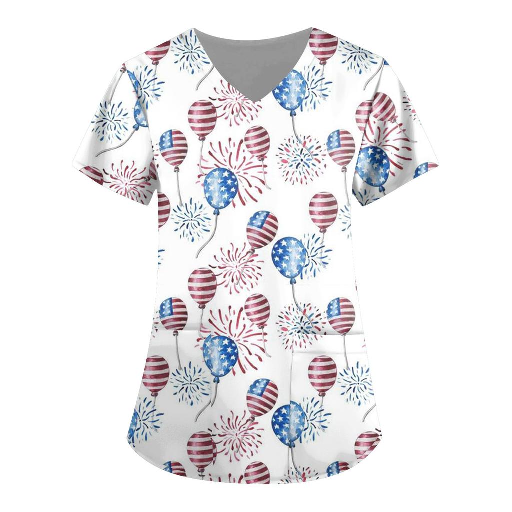 Dametrykk Kortermet V-hals Topper Independence Day Print Working Pocket Bluse