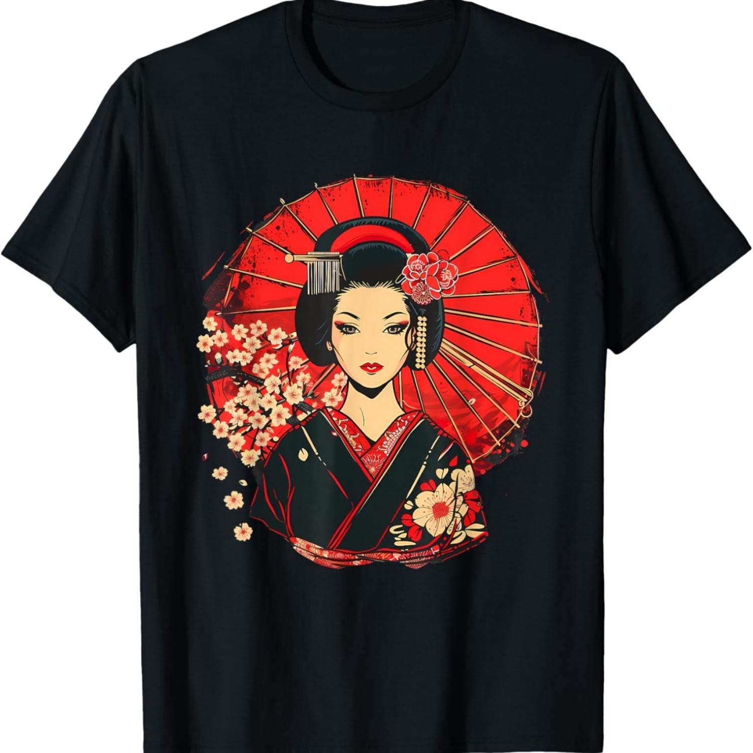 Футболка с рисунком гейши в кимоно и цветами сакуры S чёрный