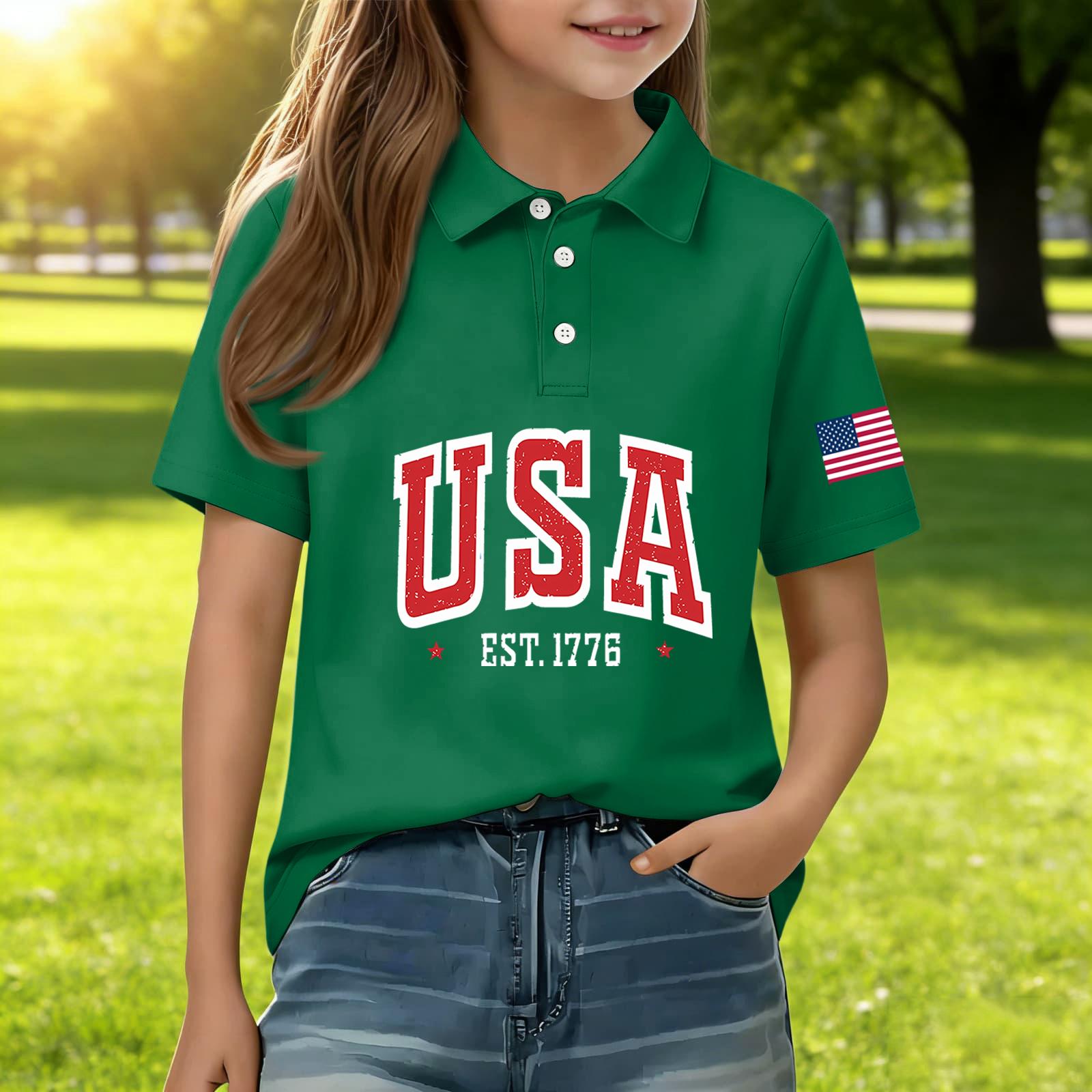 Kids Polo Shirt USA Print Short Sleeve Casual Top Boys Girls Summer Lightweight Cotton Blend Tee 130 зелёный