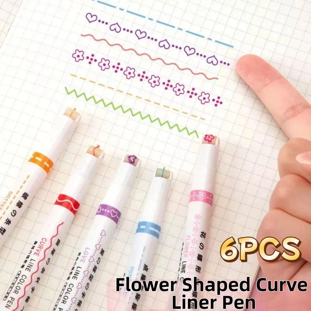 6Pcs/Set Flowers Line Shaped Colored Highlighter Pen Set Line Shaped Marker School Supplies