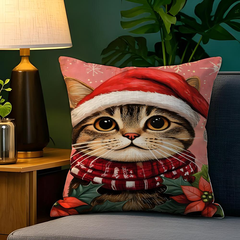 Cute Cat with a Red Hat Decoration Pillow Case Natural Linen Pillow Case DoubleSided Decor Sofa Pillowcase Home Decor