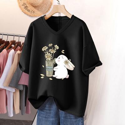 Short-sleeved T-shirt, Loose-fitting, Slimming Printed V-neck Top for Women