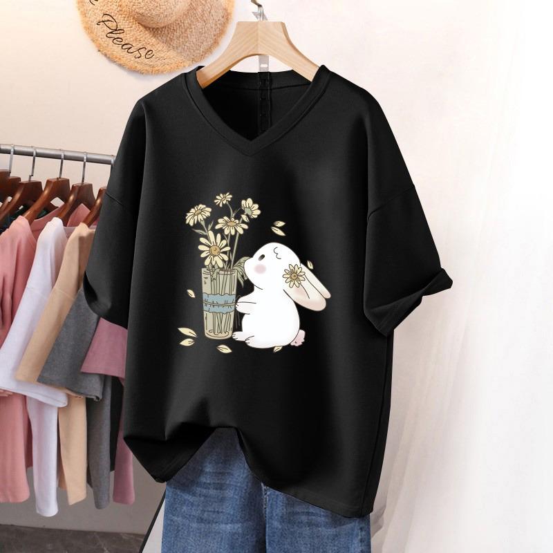 Dámské tričko s krátkým rukávem, volného střihu, zeštíhlující top s potiskem a výstřihem do V