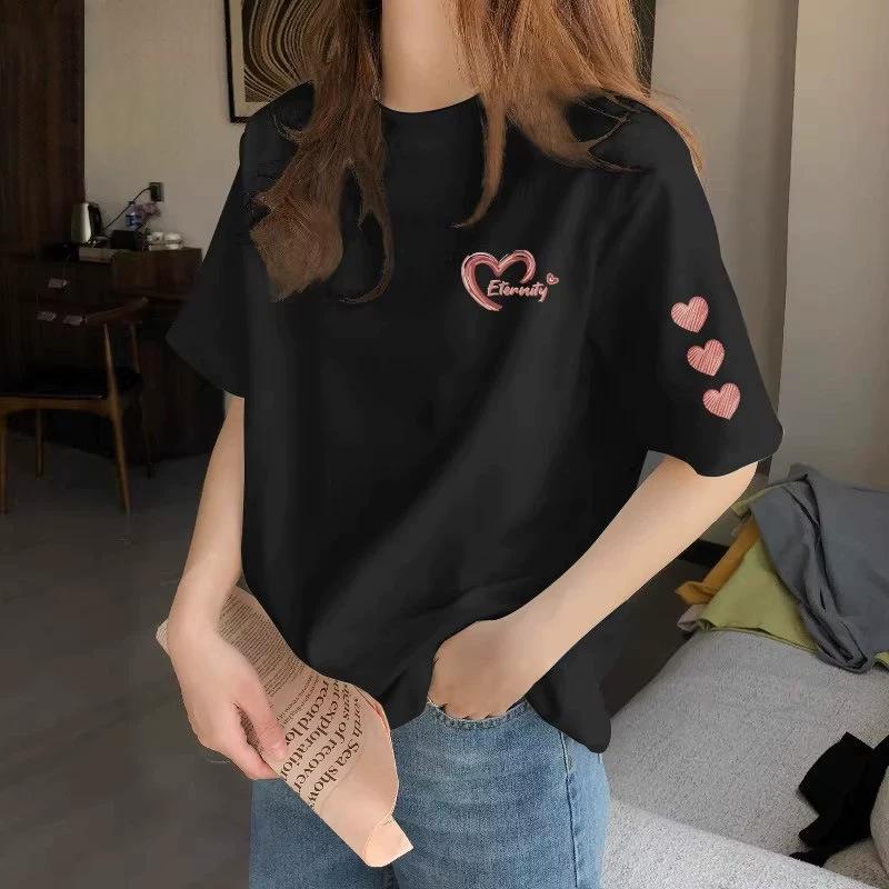 Women's Round Neck Short Sleeve Printed Loose Fit Korean Casual T Shirt Basic Top with Heart Graphic for Spring Daily Wear