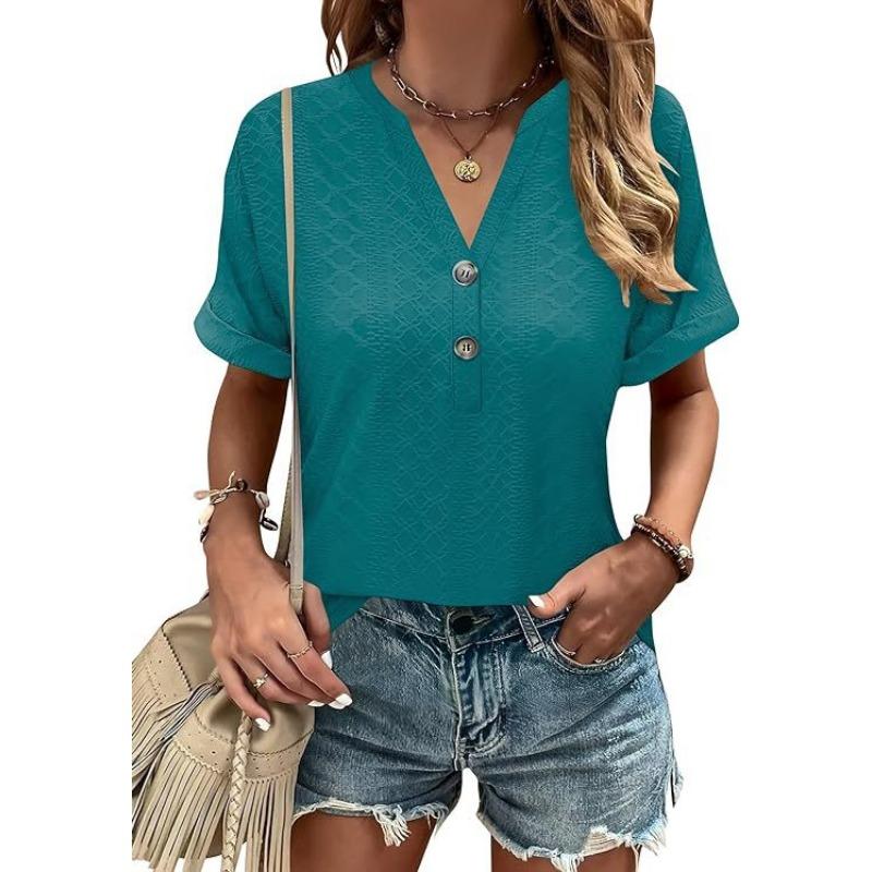 YYFS Camicette e camicie con scollo a V a maniche corte con stampa tinta unita primavera estate casual alla moda da donna