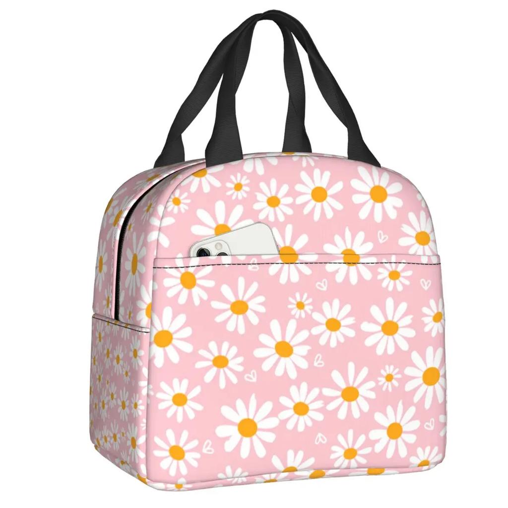 Custom Daisy Floral Lunch Bag Women Cooler Thermal Insulated Daisies Flower Lunch Box for Kids School Work Picnic Food Tote Bags