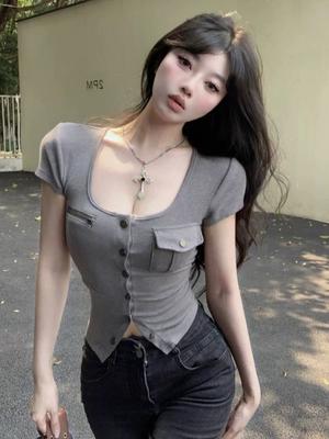 [Keren Cotton Modal] U-neck Button-down Short-sleeved T-shirt Women's Waist Short Slim-fit Top Gray Black