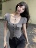 [Keren Cotton Modal] U-neck Button-down Short-sleeved T-shirt Women's Waist Short Slim-fit Top Gray Black