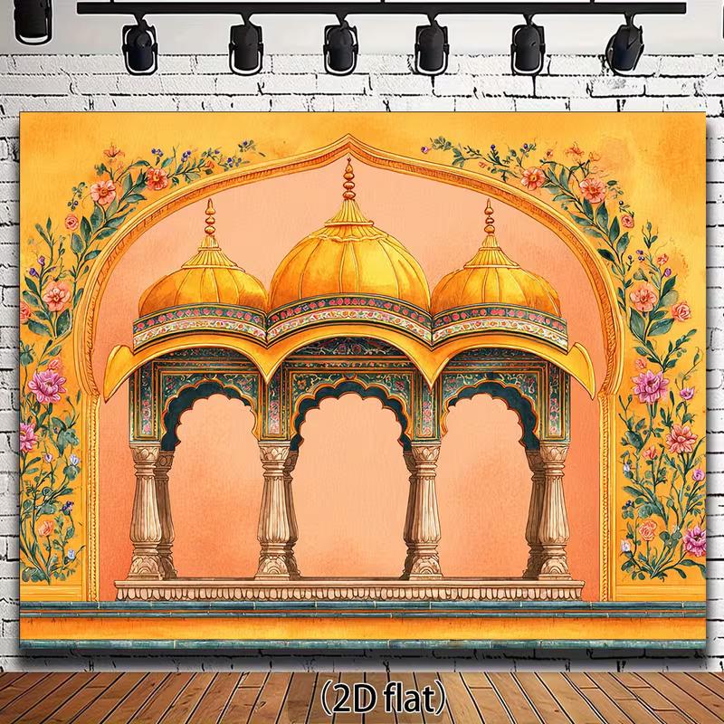 

Traditional Indian 2D Backdrop, Mughal Temple Floral Watercolor Photo Background 47.2x31.5inch/120*80cm
