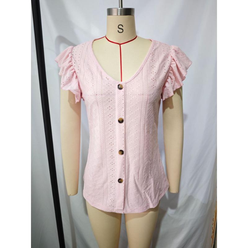 Womens V Neck Eyelet Embroidered Blouse With Short Flutter Sleeves Casual Button Down Top
