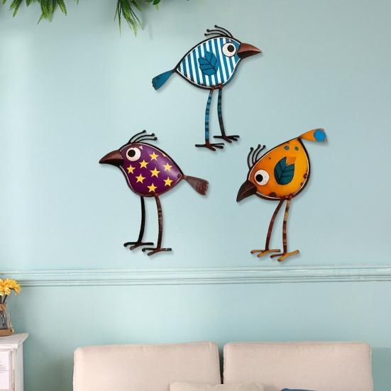 3Pcs Wooden Birds Wall Art Decor, Colorful Bird Wall Hangings, Funny Bird Wall Sculpture with Polka Dot Star Pattern Leaf Design for Farmhouse
