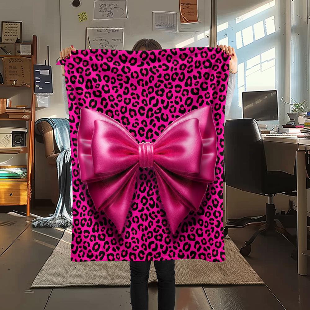 1Pc Pink&Black Bow Print Flannel Blanket, High quality Comfortable for All Seasons, Home Decor, Warmth and Comfort, Perfect for Christmas Gifts W28