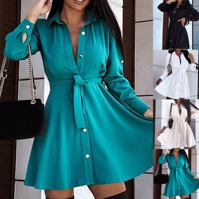 Turn-Down Collar Long Sleeve Women Dress Belt Solid Color Single Breasted Shirt Dress Female Clothing