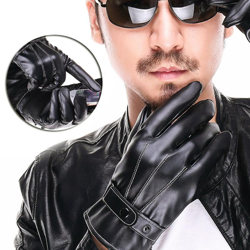 Autumn and winter leather gloves men's touch screen leather gloves PU driving three tendons skiing cold protection warm velvet thickened