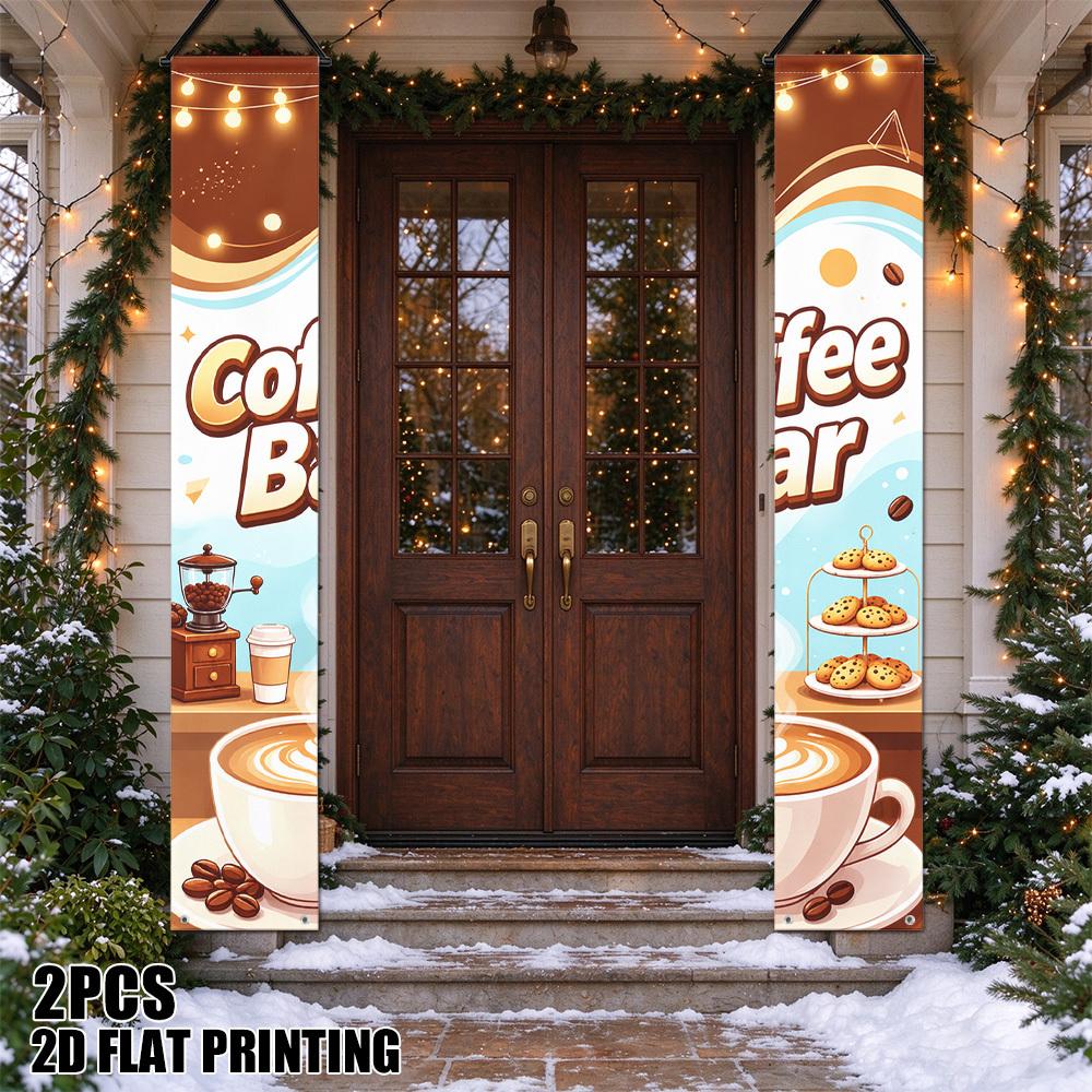 2D Flat, 2pcs 2D Flat Printing Horizontal Coffee Bar Art Banner Suitable for Indoor/Outdoor Decoration, Christmas New Year Party Door Couplets with Co