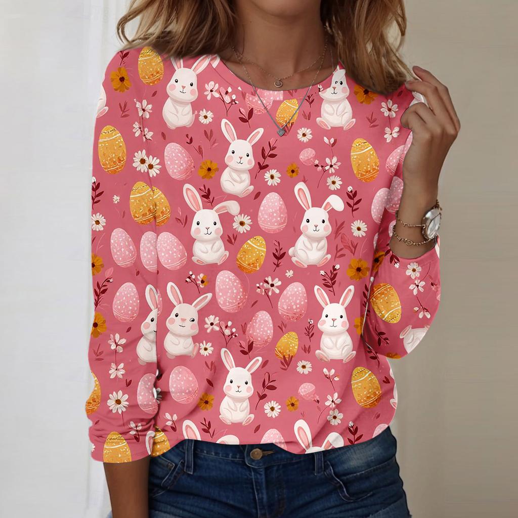 Top casual da donna a maniche lunghe con stampa pasquale e girocollo