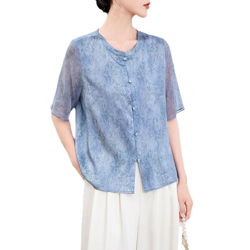 Silk Printed Shirt Women's Summer Silk Shirt Temperament Medium Sleeve Mulberry Silk Short Sleeve Top