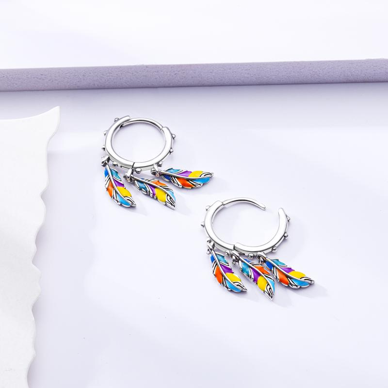 925 Silver Colorful Feathers Drop Earrings Dream Catcher Bohemia Asymmetry Dangle Earrings Original Wedding Jewelry For Women