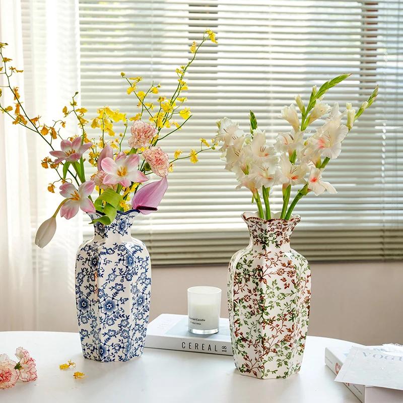 Octagonal Pastoral Ceramic Vase Blue and White Porcelain Hand-painted High-end Living Room Entrance Flower Arrangement Water