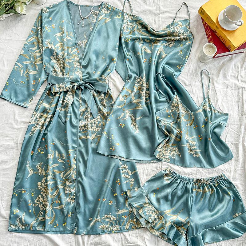 European and American style sexy V-neck ice silk suspender skirt homewear multi-piece set summer women's large-size pajamas set