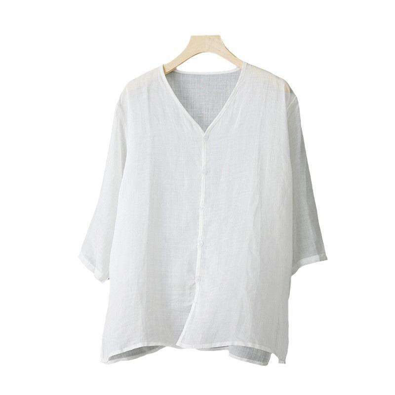 2024 Summer Lightweight Cotton Linen V-Neck Blouse - Zen Style, Plus Size, Mid-Sleeve, Comfortable, White Shirt