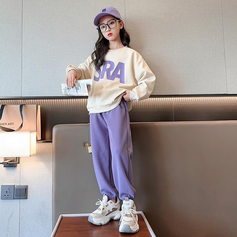 

Повседневные спортивные костюмы для девочек Осенняя одежда Для больших детей Весенний и осенний свитер Брюки Костюм-двойка 110 фиолетовый