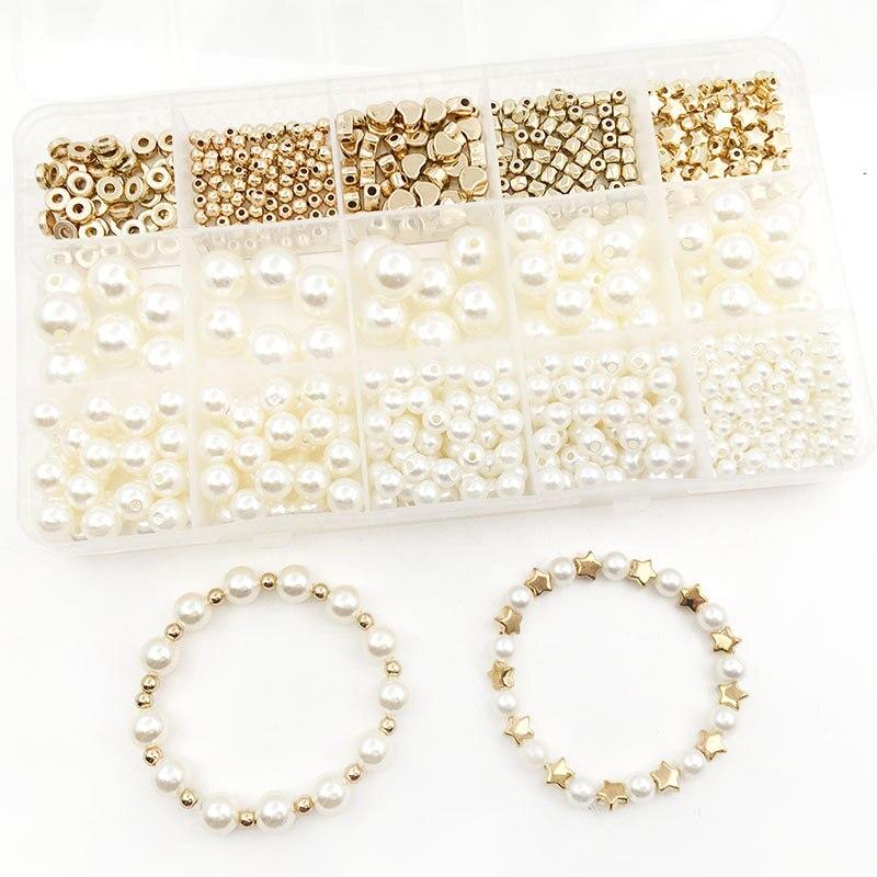 720pcs/Box Golden Star Heart Round CCB Spacer Beads with ABS Imitation Pearls Set for DIY Fashion Jewelry Making