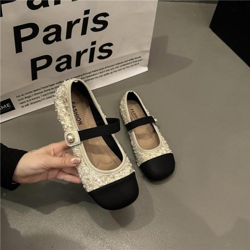 Women's Flat Shoes Black Round Toe Sequins Ladies Footwear Low Heel Elegant Slip on 2025 Summer Fashionable Korean Style Popular