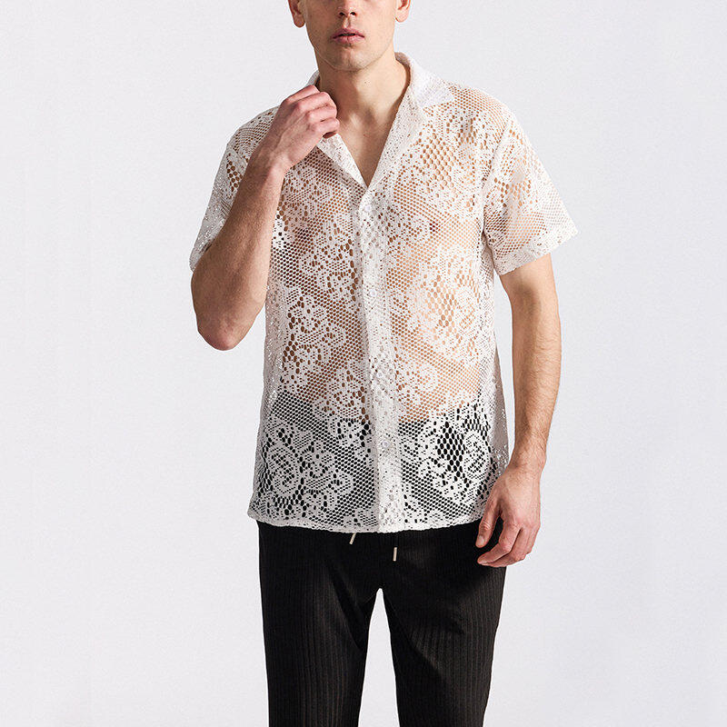Men's Lace Short Sleeve Shirt Summer Casual Breathable Tops Fashionable Hundred Men's Tops