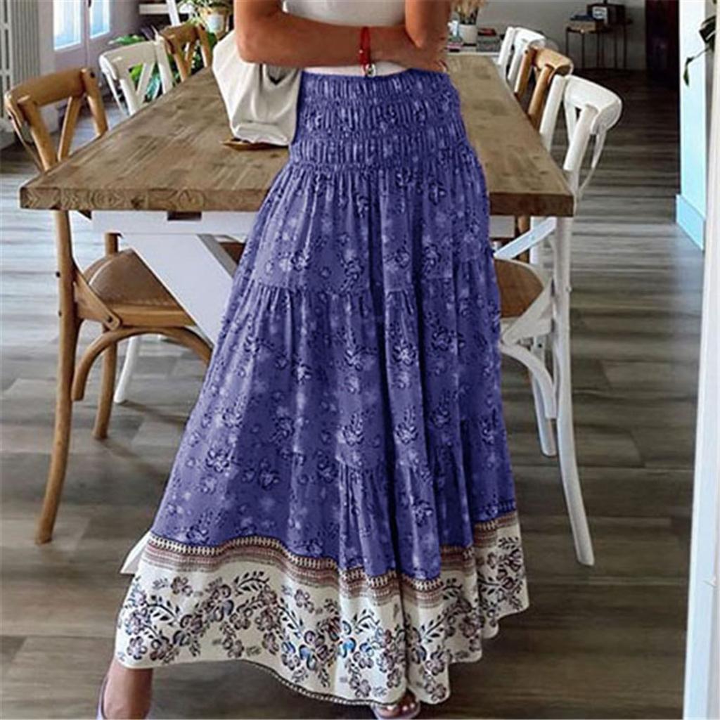 Women Fashion Casual Flower Printing High Waist Pleated Long Skirt