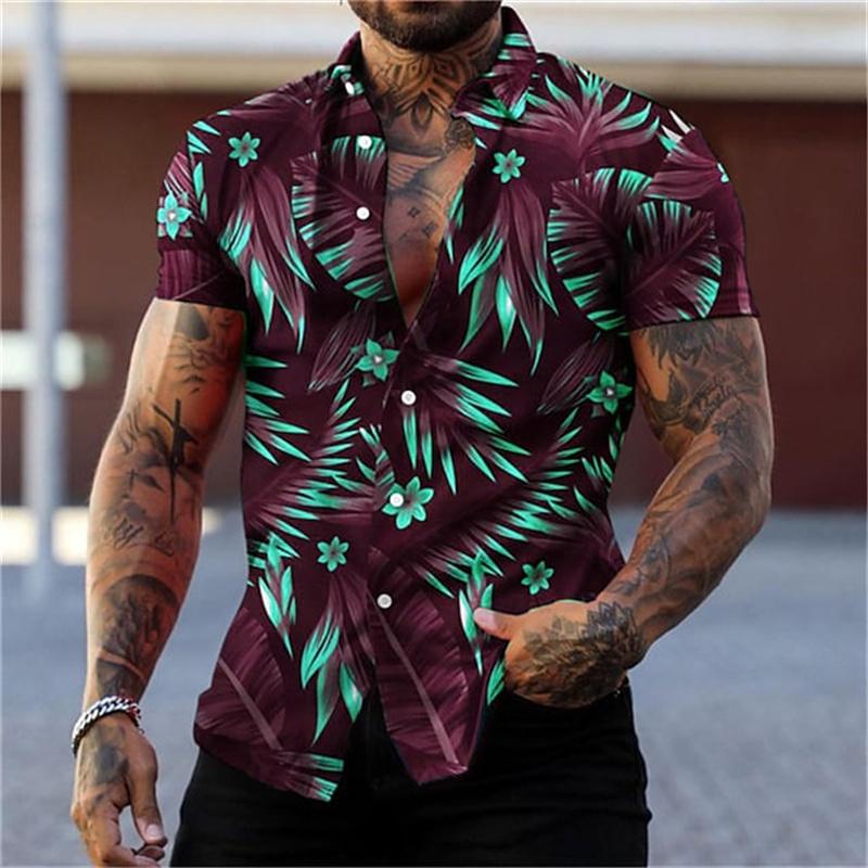 Men's black and gold flower shirts Summer plant print lapel shirt Hawaiian style beach short sleeved button up