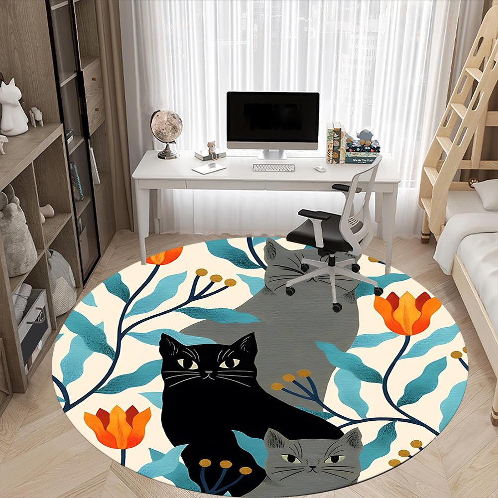 1pc Cat Floral Office Round Area Rug,  Mat Suitable For Office, Under Office Chairs Bedroom Living Room Home Decor, Room Deco