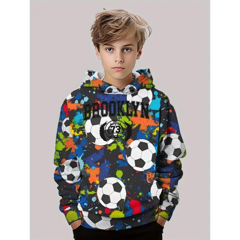 Boys' 3D Soccer Ball Harajuku Print Hoodie Casual Polyester Long Sleeve, Slight Stretch, Hooded Outdoors Sweatshirt for Running