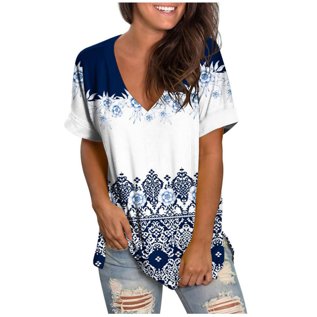 Women's Spring Summer Fashion Beach Casual Print Loose Short Sleeve T-Shirt Top