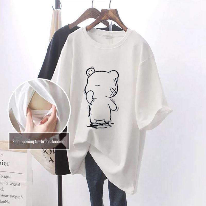 

Модная летняя футболка для кормящих мам: Средняя длина, короткие рукава, боковые разрезы, универсально для стиля Hot Mom M