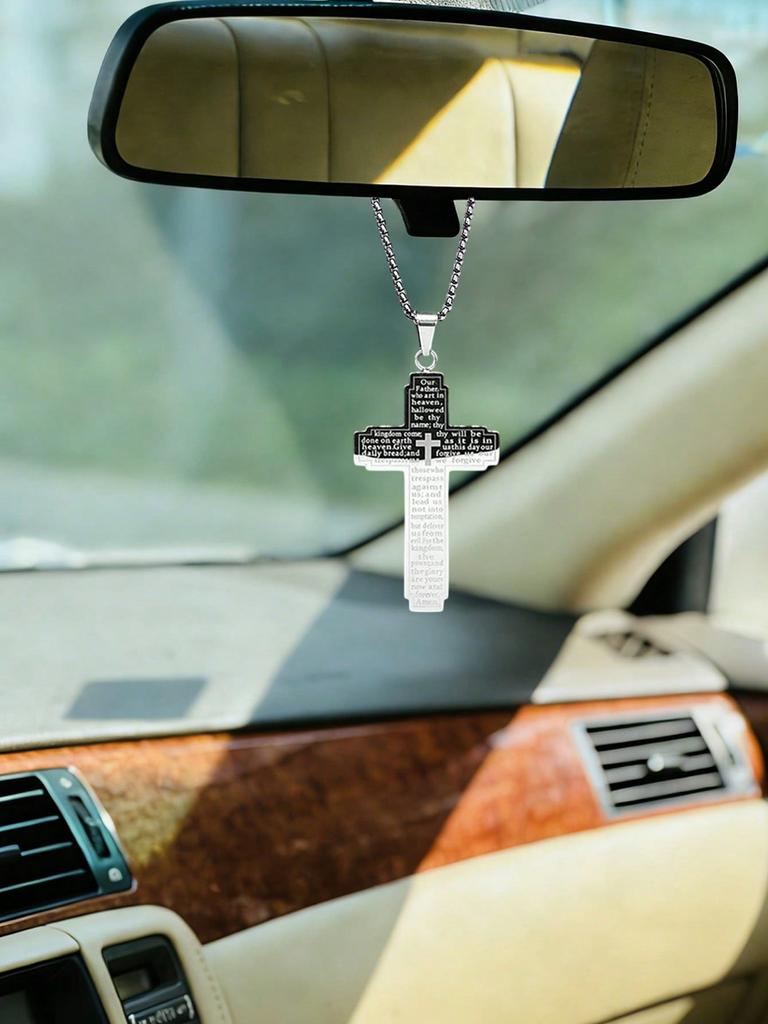 1 Ciondolo per Auto Croce Cristiana in Acciaio Inossidabile - Versetto Biblico Preghiera del Signore, Semplice Ornamento Religioso per Specchietto Retrovisore, Regalo per la Fede