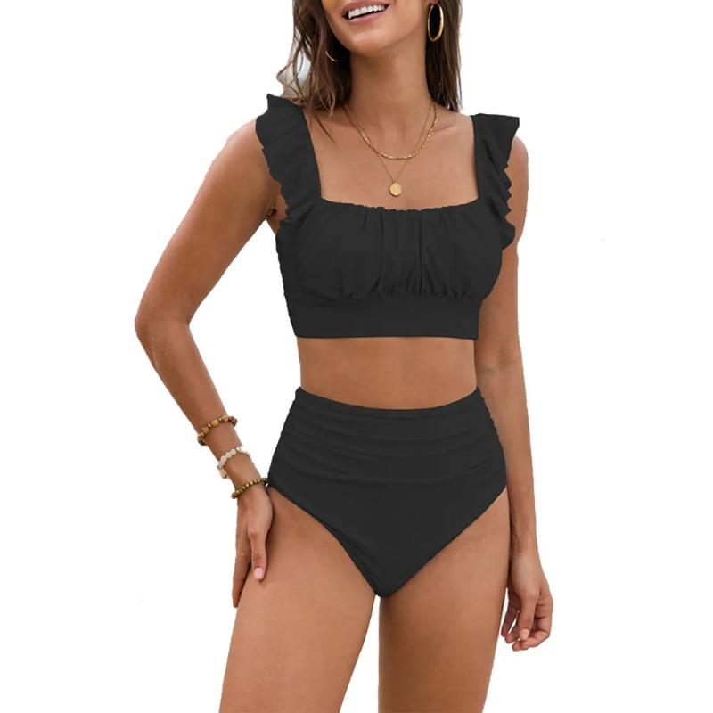 Women 2 Piece High Waisted Bikini Set, Floral Ruffle Tummy Control Swimsuit, Ruched Modest Full Coverage Bathing Suit