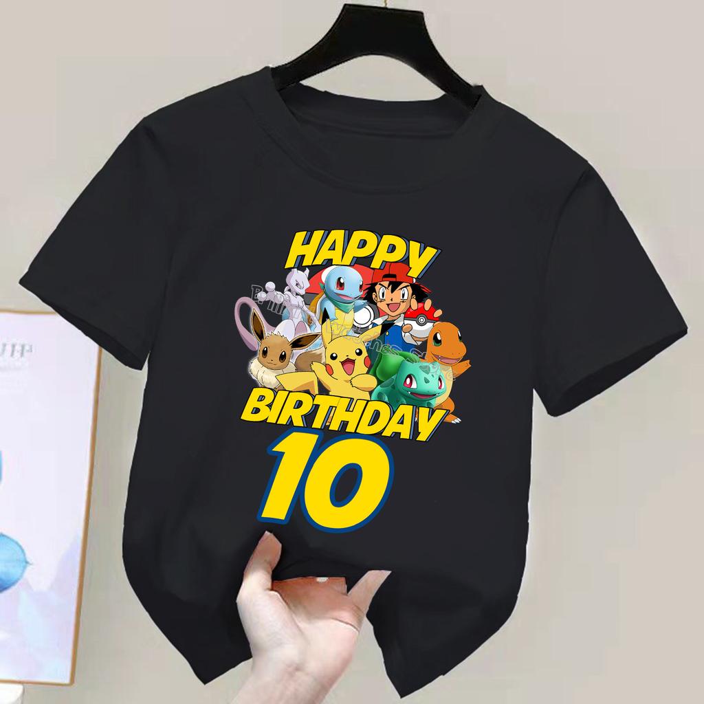Pokemon Birthday Number T-shirt for Children Cartoon Figure Tee Top Pikachu Black Clothes New Kids Short Sleeve Clothing Gift