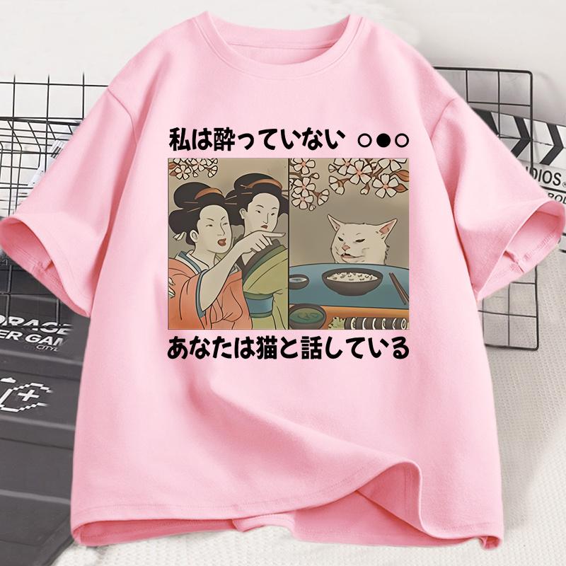 Japanese Style Cartoon Cat T-Shirts Summer Harajuku Kawaii Cat Printed Short Sleeve Tees Harajuku Y2K Tops Vintage Streetwear