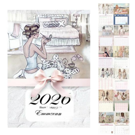 Modny Kalendarz Watercolorowy dla Kobiet 2026 Elegancka Ilustracja Miesięczny Kalendarz Szykowny Żeński Artystyczny Planer do Dekoracji Domowego Biura