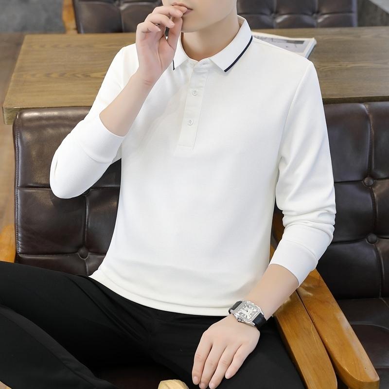 Middle-aged and Young Solid Color Top for Men's Long-sleeved T-shirt Business Lapel Polo Shirt