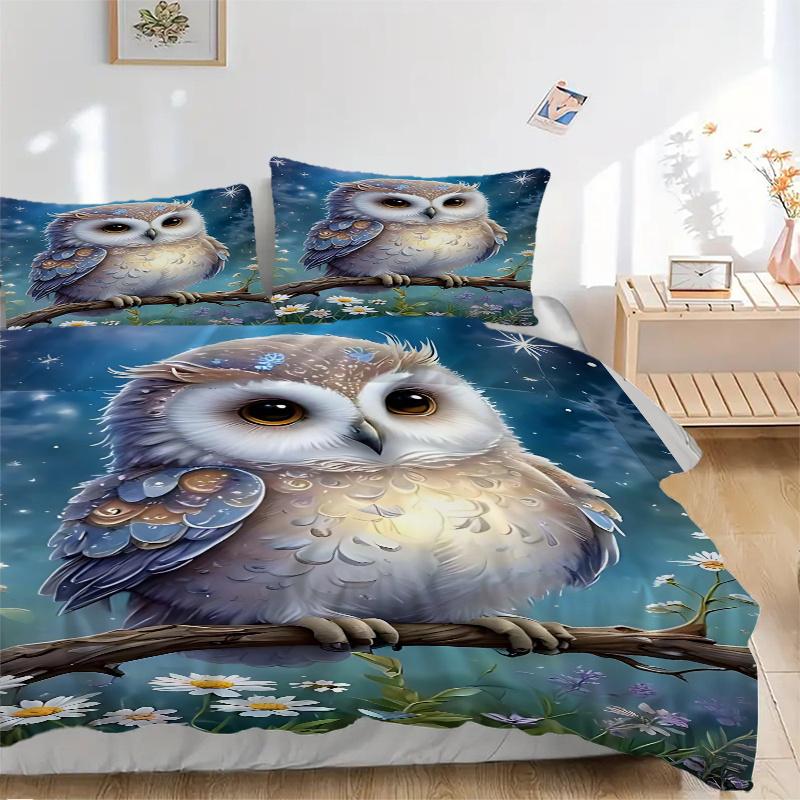 3pcs Anime Owl Comforter Set with Two Pillowcases (No Core), Home Decor, Festival Gift, Polyester Fabric