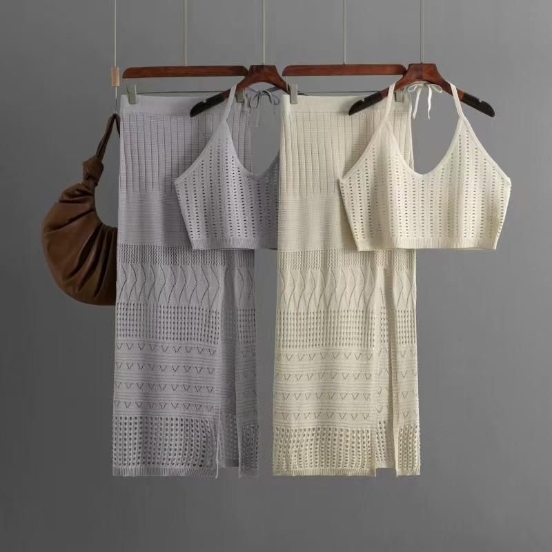 Western Style Sexy Knitted Hollow out Vest Skirt Two-piece Set Knitted Vest and Skirt Set